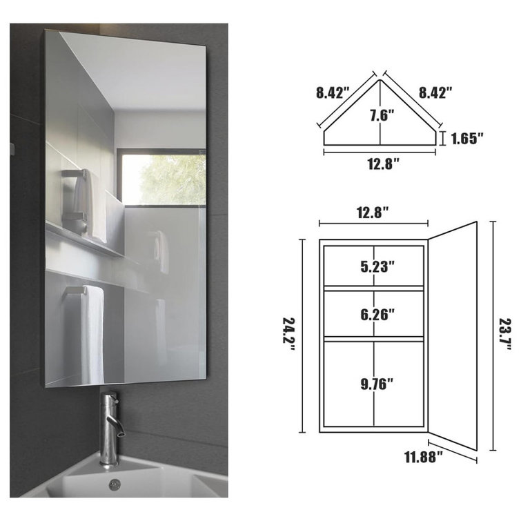 Ebern Designs 24" Bathroom Corner Medicine Cabinet W/Mirror, Single ...